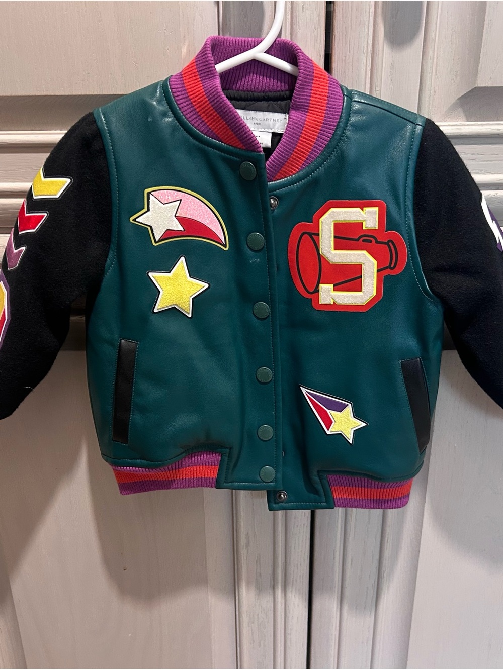 Stella McCartney Kids Teal Letterman Jacket with Colorful Patches